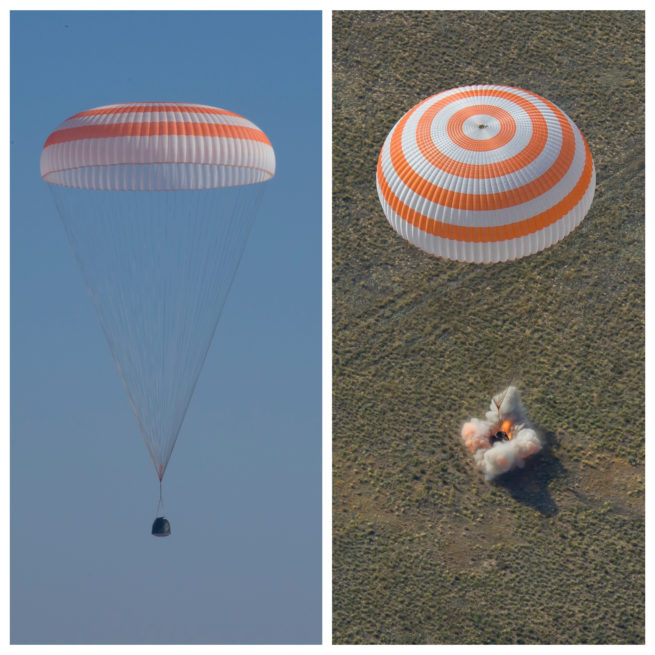 Image de gauche: la capsule Soyouz peu avant de toucher terre. Le parachute ralentit sa chute. À droite: juste avant le contact avec le sol, on actionne des rétrofusées: ces moteurs servent à ralentir encore davantage la capsule. (Photos: Gagarin Cosmonaut Training Center)