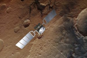 Vue d'artiste. La sonde européenne Mars Express survolant la planète rouge.