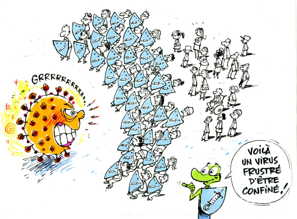 Illustration humoristique du principe d'immunité collective. À gauche, le coronavirus fâché. Au centre une barrière de gens portant chacune un bouclier. À droite, des personnes sans bouclier. À l'avant-plan, la mascotte Beppo dit: "Voilà un virus frustré d'être confiné!"