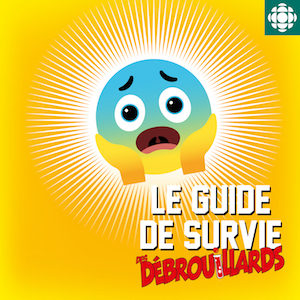Icône de l'épisode Survivre à la peur. Illustration drôle d'un emoji avec le visage apeuré. Arrière-plan jaune foncé. Logo Le Guide de survie des Débrouillards dans le coin inférieur droit.