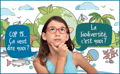 Jeune fille pensive devant illustration de biodiversité : Terre, insectes, animaux, forêt.