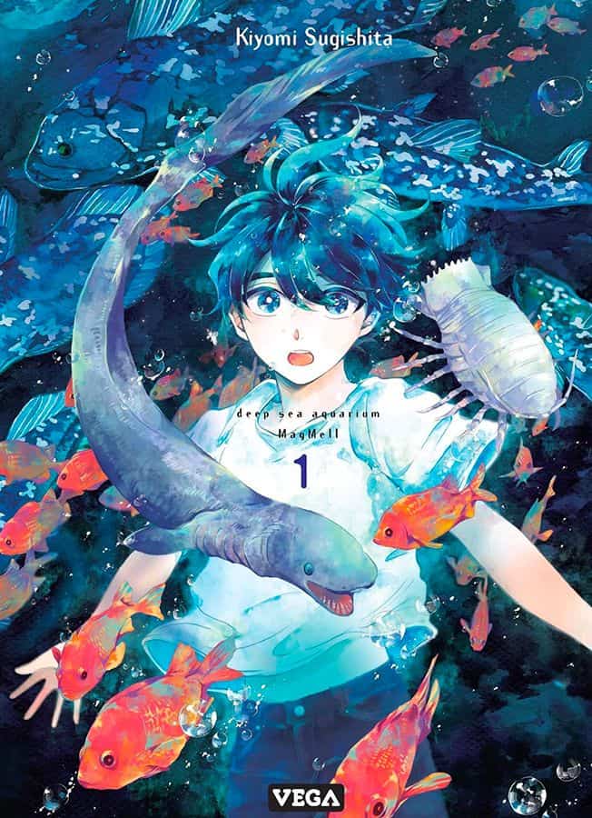 Couverture du manga Deep sea aquarium Magmell avec personnage sous l'eau entouré de poissons.