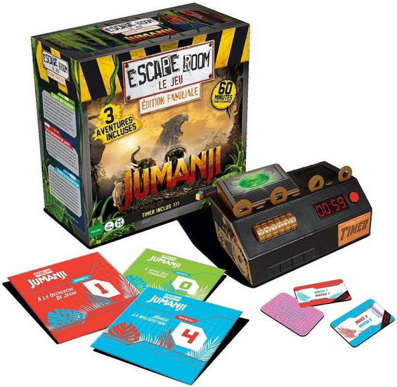 Boîte de jeu de table du jeu d'évasion Escape room Jumanji avec des cartes et un timer.