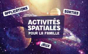 Illustration d'astres avec texte Activités spatiales pour la famille