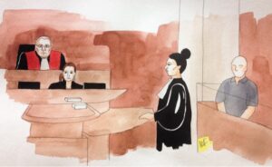 Aquarelle d'un procès au palais de justice