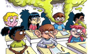Illustration de jeunes dans une classe. Un élève a mauvaise haleine, un autre a de grandes oreilles, un autre vomit et un dernier est plein de boutons