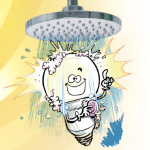 Illustration d'une ampoule souriante sous la douche qui vient d'avoir une idée