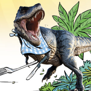 Un tyrannosaure qui tient des ustensiles dans ses petits bras