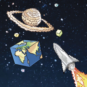 Illustration de la planète Terre en forme de carré et d'une fusée