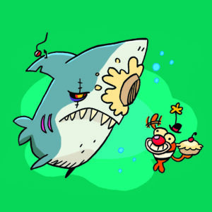 Illustration d'un requin qui se fait entarter par un poisson clown.