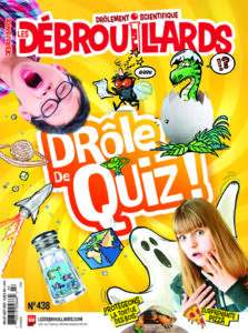 Couverture du magazine Drôle de quiz avec des illustrations diverses (planète, dinosaure qui sort d'un oeuf) et deux jeunes