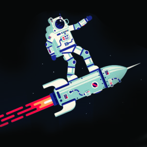 Illustration d'un astronaute qui surfe sur une fusée